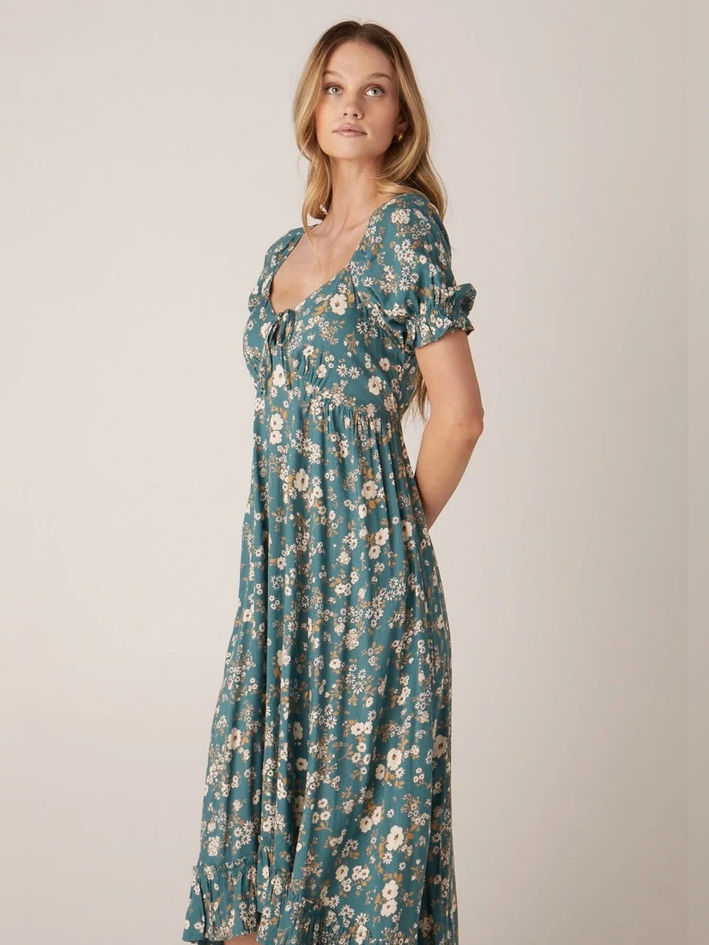 Patrons of PeaceAdrian Dress Sea Glass Floral Empire Waist Puff Sleeve Size S - Picture 2 of 7